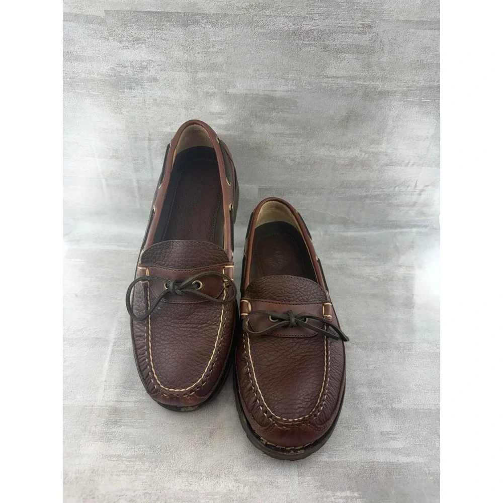 LL Bean Men Sz 9D Brown Leather Lug Sole Boat Shoes Camp Mocs 273080